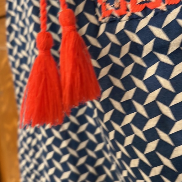 J Crew factory.  Very lightly worn top. Blue, white and dark pink. Tassels - Picture 7 of 7